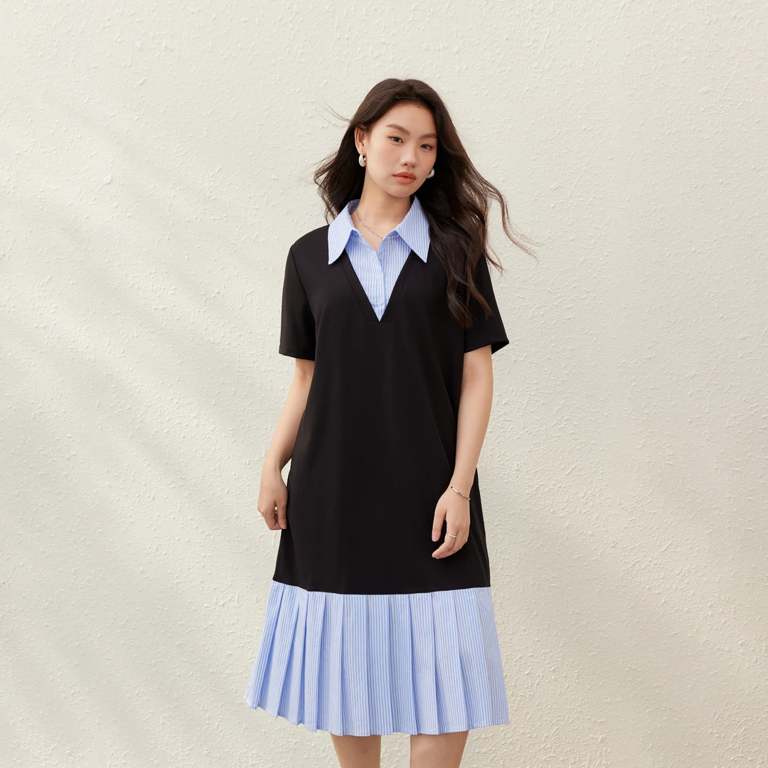 【美院新生】纤莉秀大码女装学院风条纹设计感拼接连衣裙QK1523