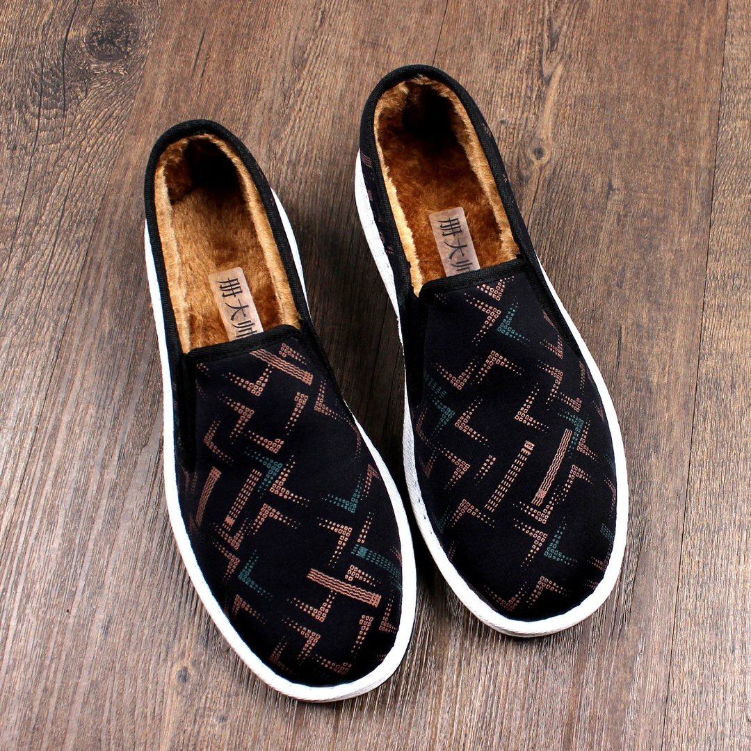 2025新款冬季加绒加厚保暖棉鞋老北京布鞋男千层底一脚蹬软底舒适