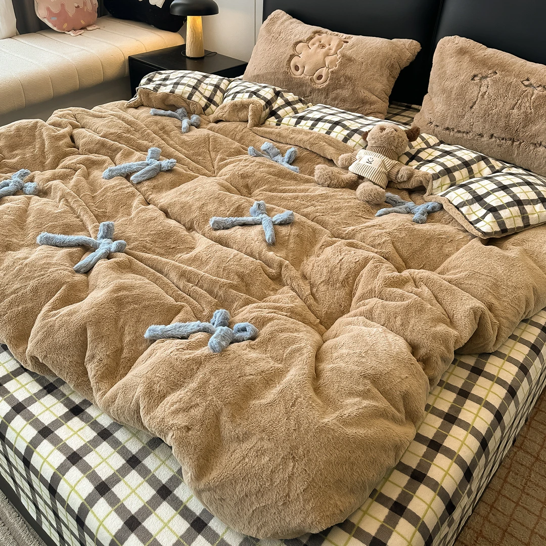 ins立体蝴蝶结牛奶绒床上四件套加厚保暖A类兔毛绒被套床单三件套