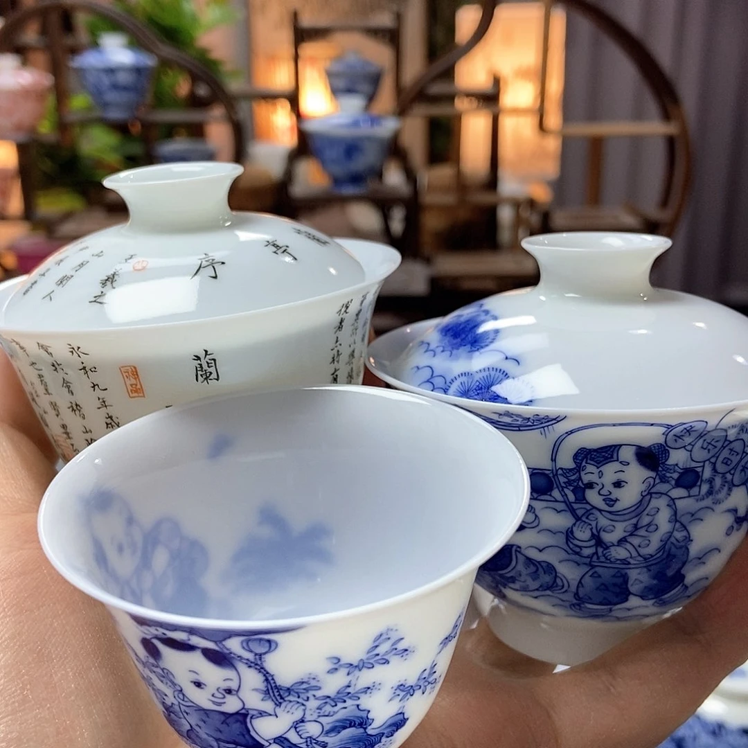 牛**草微瑕及优惠脱胎瓷童子套组加兰亭序盖碗