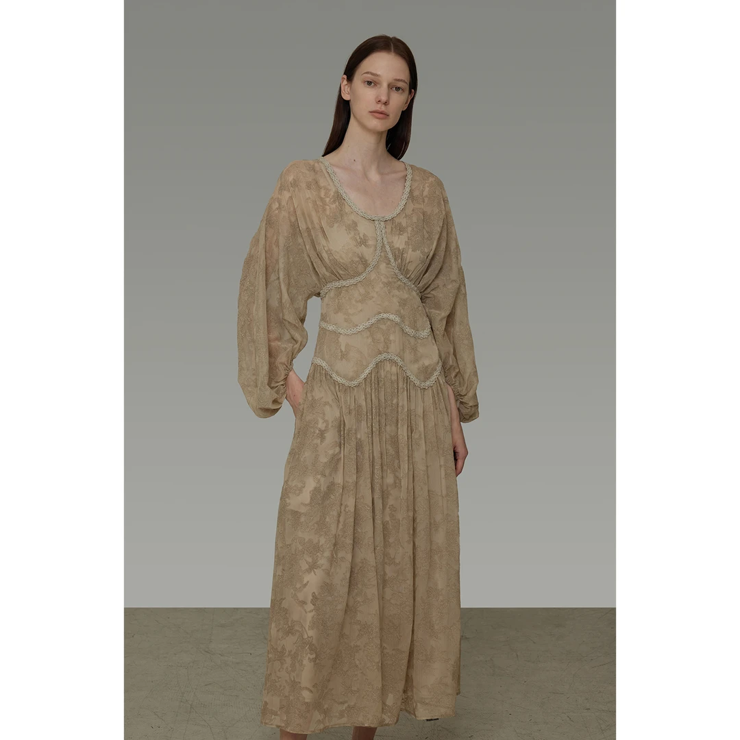 UNSPOKEN【法式U型领设计 复古清冷感】提花U领长裙UQ25L012