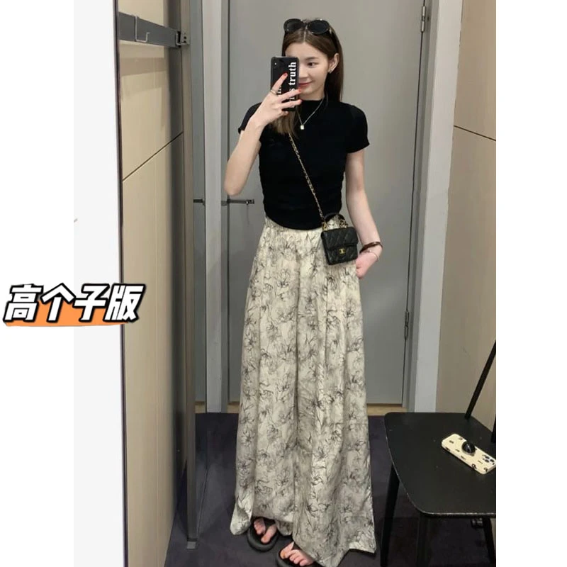 裤裙112cm高个子加长水墨印花雪纺阔腿裤裙女夏季冰丝薄款拖地裤