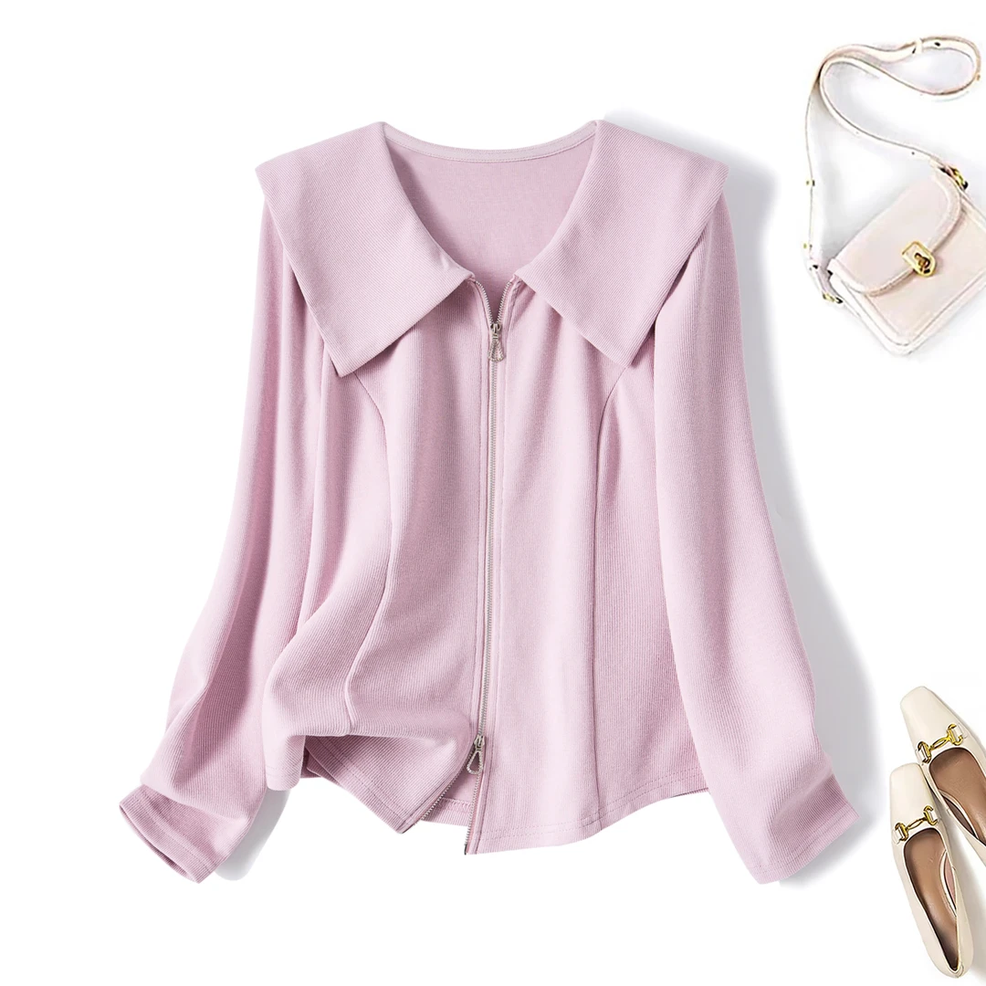 2025秋装胖mm大码女双拉链海军领长袖衬衫设计感正肩上衣64089