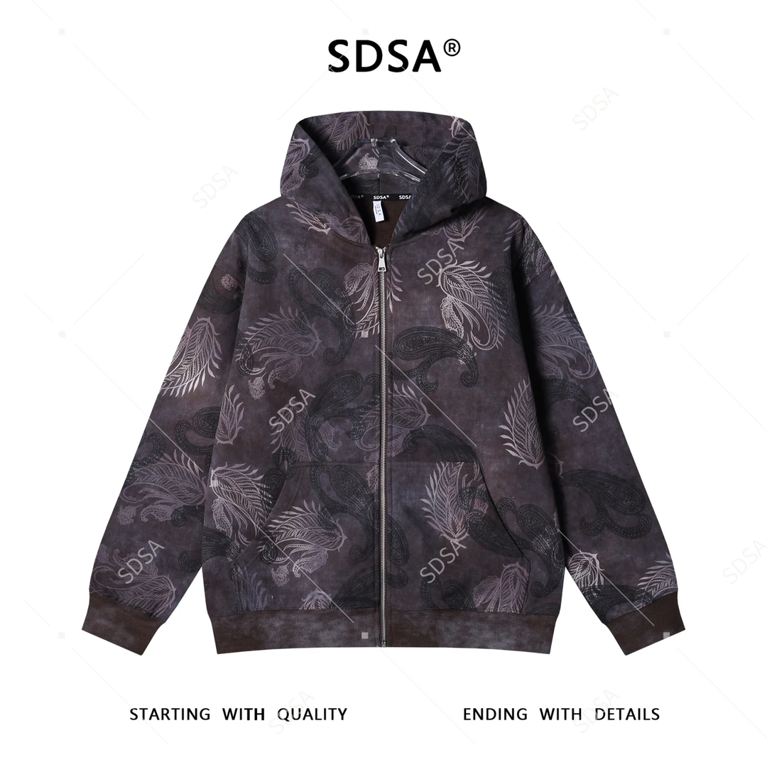 SDSA男士秋冬新款痞帅男装抽象花卉印花拉链连帽卫衣百搭开衫上衣