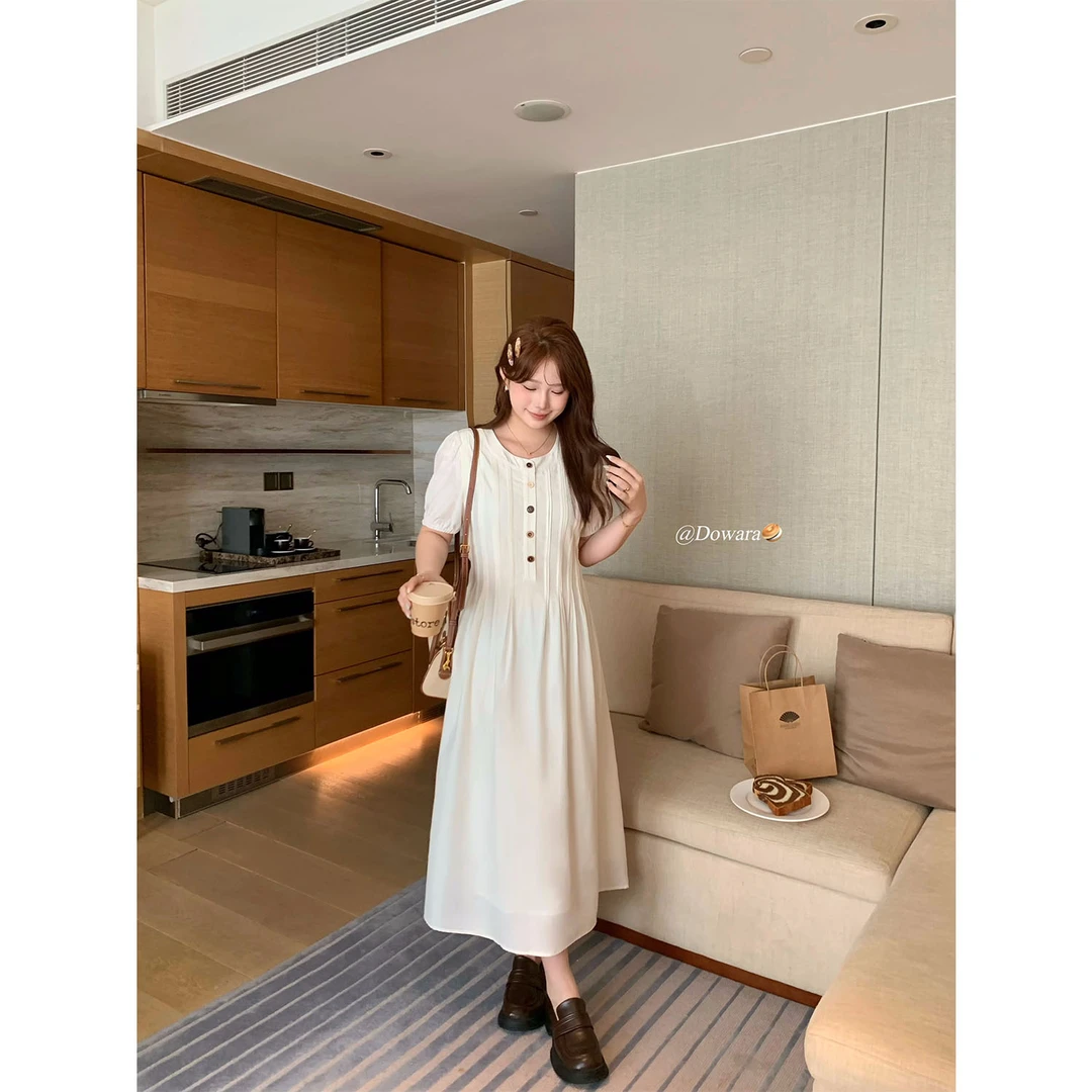 现货6745D大婉酱千千微胖定制设计感圆领短袖连衣裙高腰显瘦A字裙