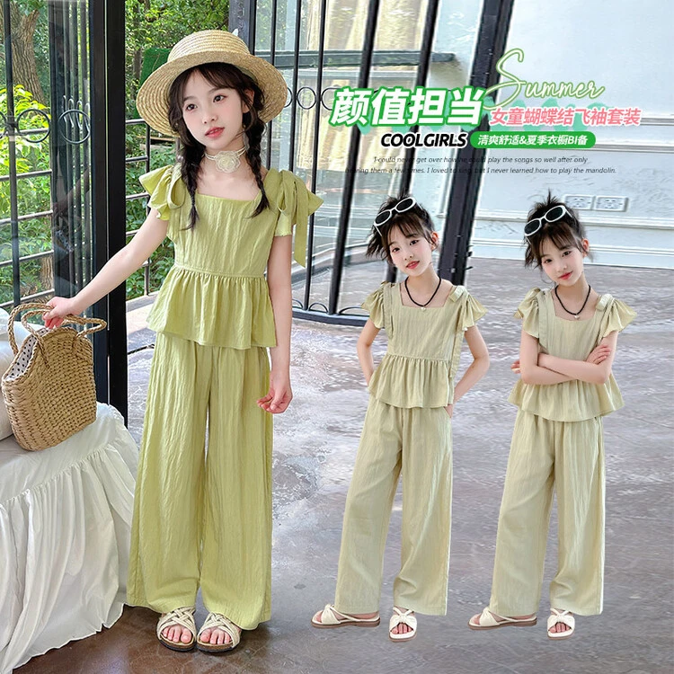 母女装 女童亲子同款25年夏季新品蝴蝶结飞袖套装阔腿舒适清爽