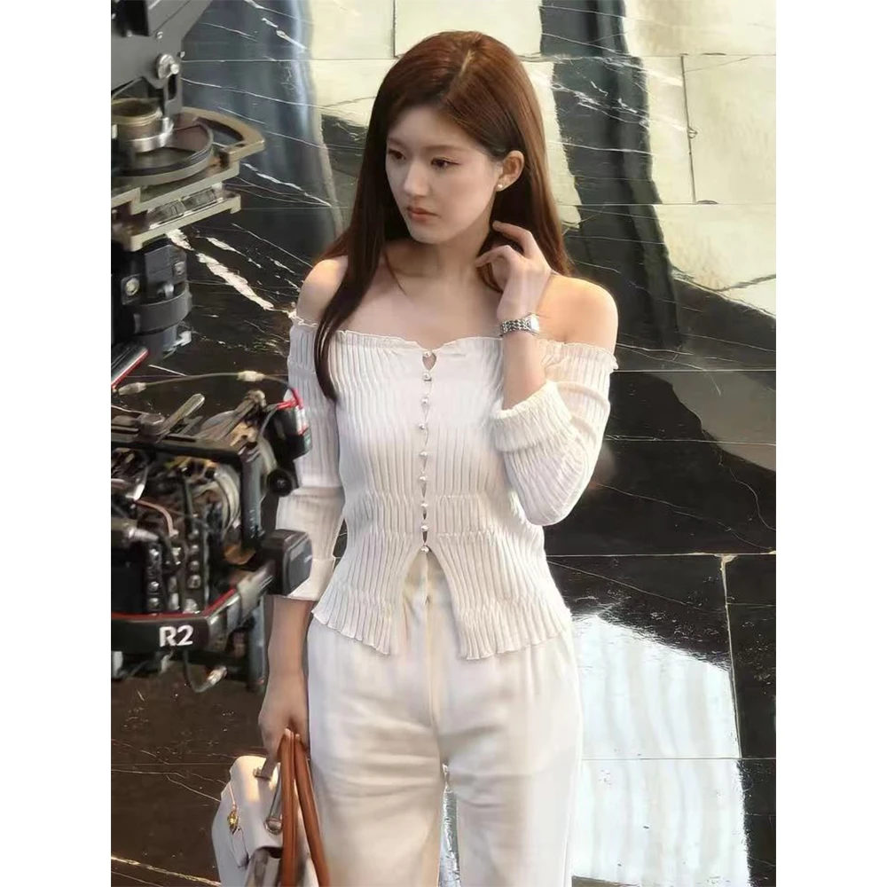 【许我耀眼】露思同款 法式珍珠扣一字领毛针织衫上衣22928#