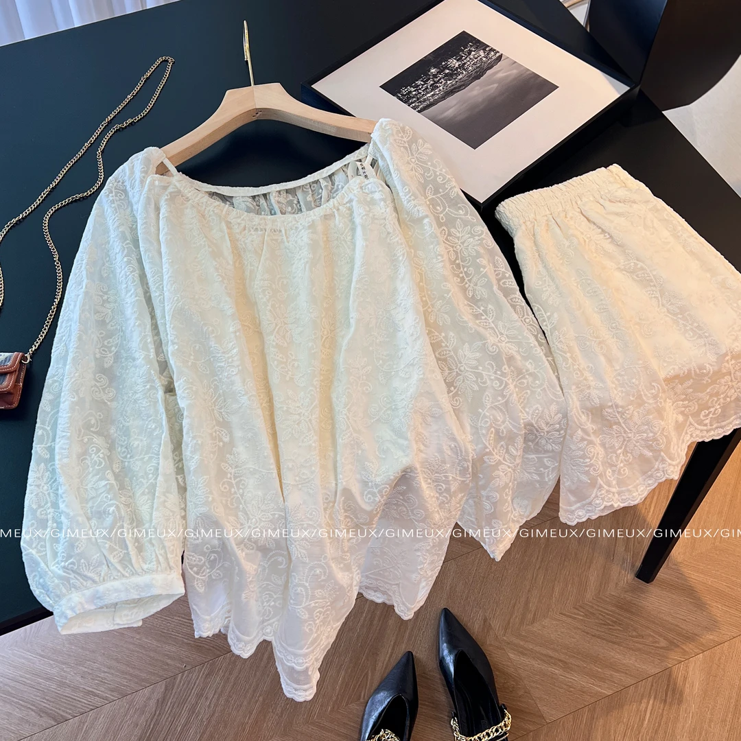 森系温柔风刺绣套装女2025初秋宽松慵懒灯笼袖衬衫阔腿短裤两件套