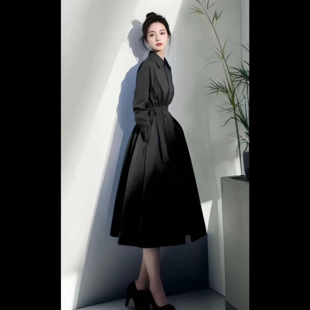 A147克莱因蓝色高级感收腰衬衫连衣裙春季穿搭韩系法式休闲a字裙