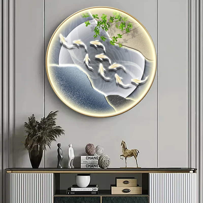 轻奢九鱼图入户玄关装饰画客厅沙发背景墙壁画走廊圆形LED灯画
