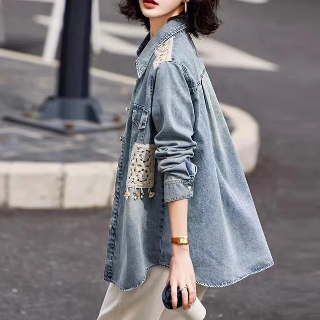 Q4060 复古蕾丝牛仔衬衫女，中长款宽松百搭秋上衣9023
