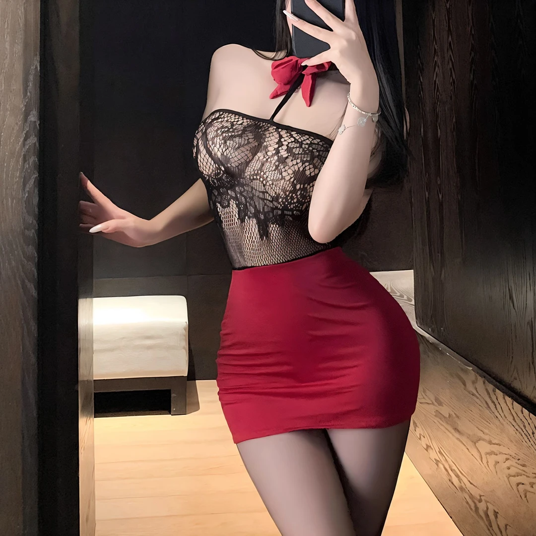 红缎缚心秘书绛色包臀裙露背制服纯欲风睡衣蕾丝红色性感吊带裙