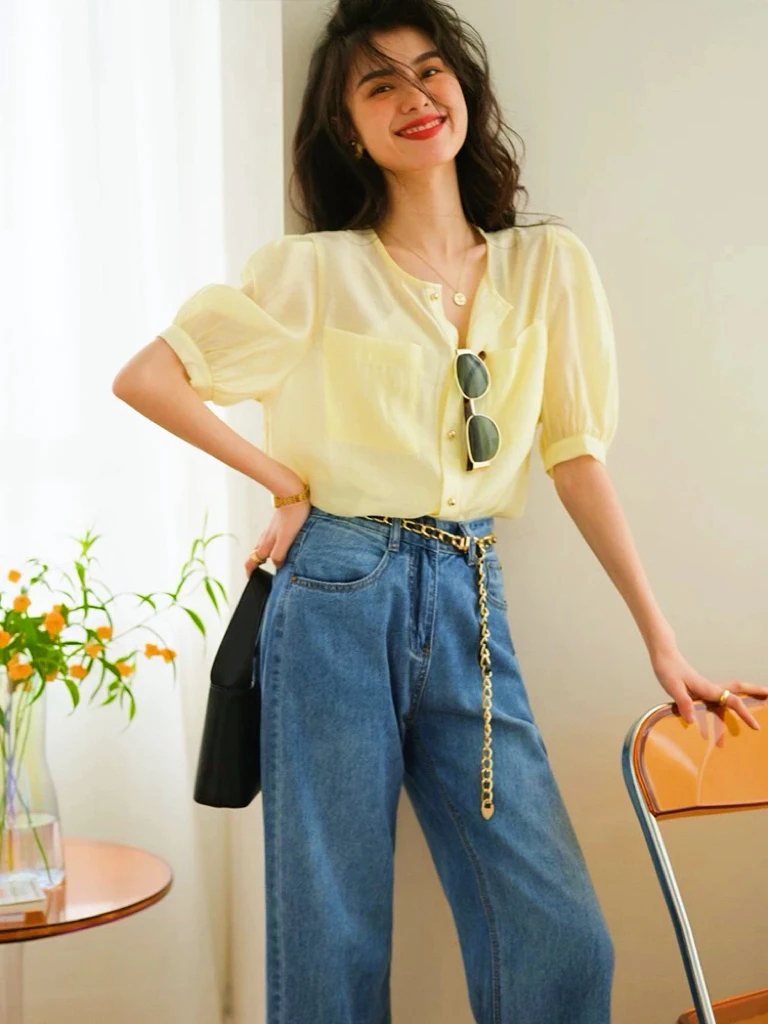 妮妮家132夏季新款法式绝美气质设计感双口袋短袖衬衫