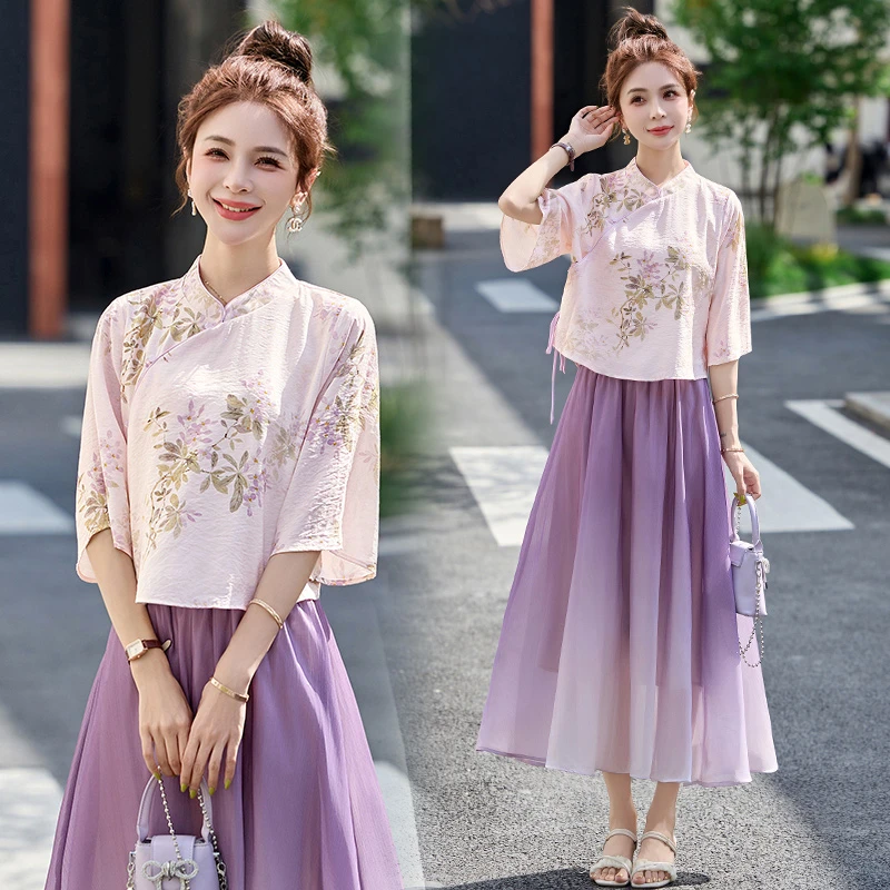 新中式国风提花套装裙女2025年夏季新款改良旗袍唐装半身裙两件套