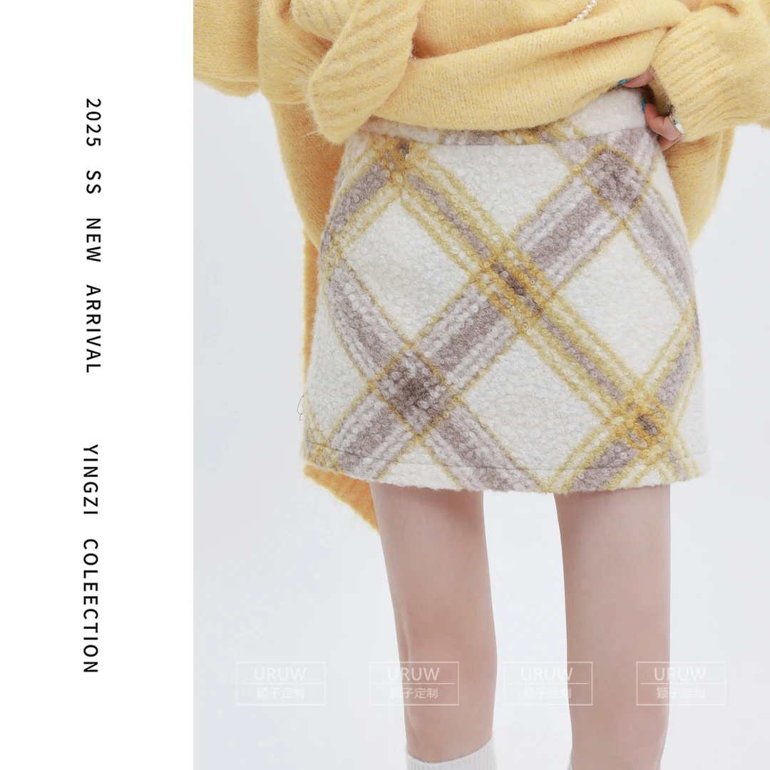 颖子定制【游乐园】秋冬休闲高腰拼色格子短裙时尚气质A字短裙2111
