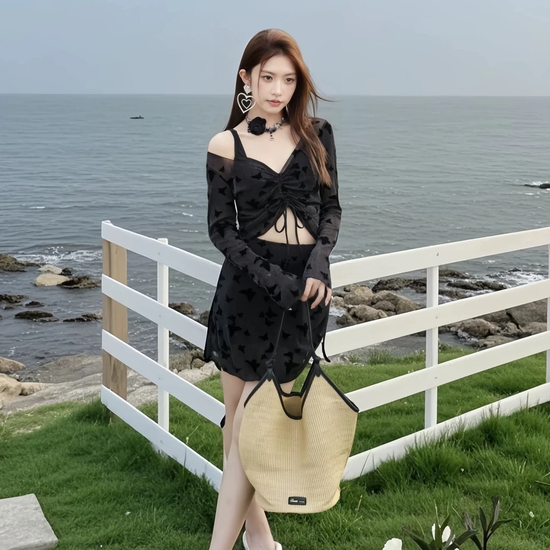 【黑色蝴蝶】泳衣女纯欲性感裙式分体四件套泳衣遮肚温泉沙滩度假