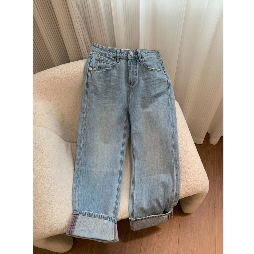 【粉标翻边】25春夏 翻边 粉色破洞磨破直筒水洗 窄版 显瘦牛仔裤