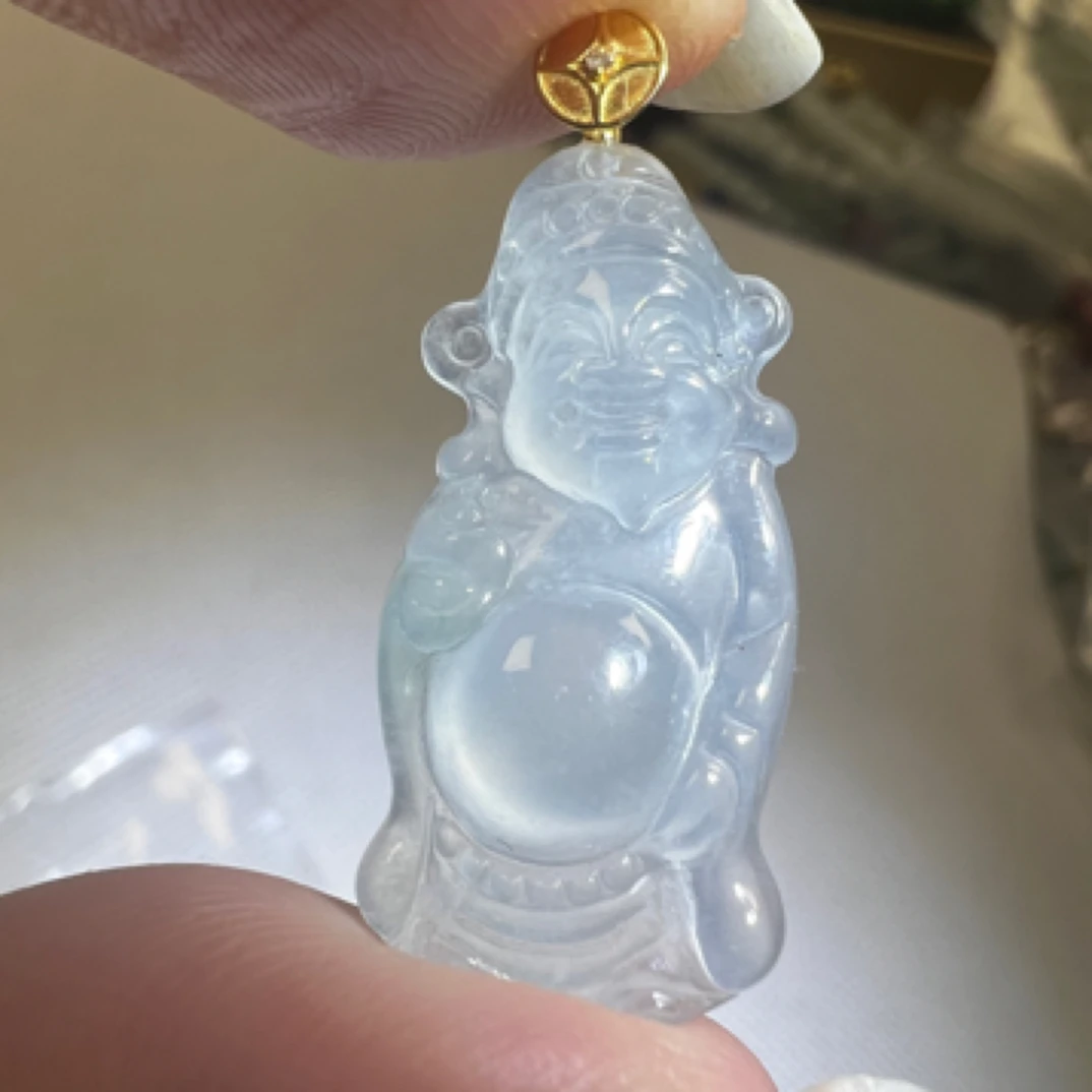 缅甸天然翡翠白冰财神国风气质吊坠（可做毛衣链吊坠）