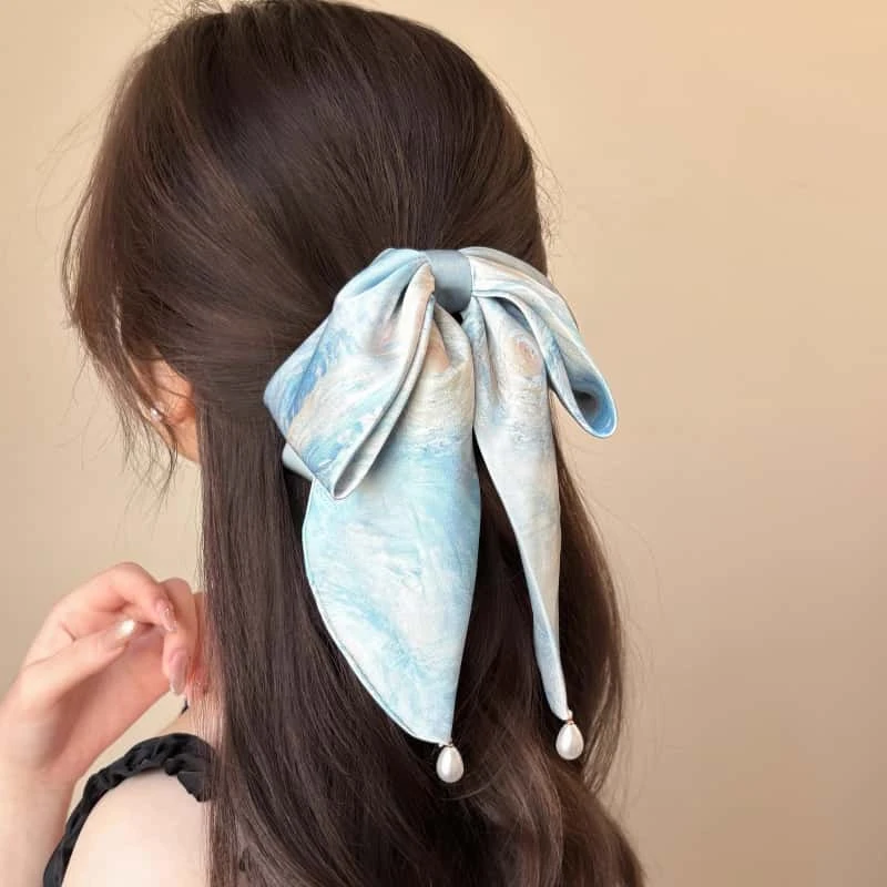 新中式油画星空扎染蝴蝶结马尾抓夹新款高级感挂珠飘带后脑勺发夹