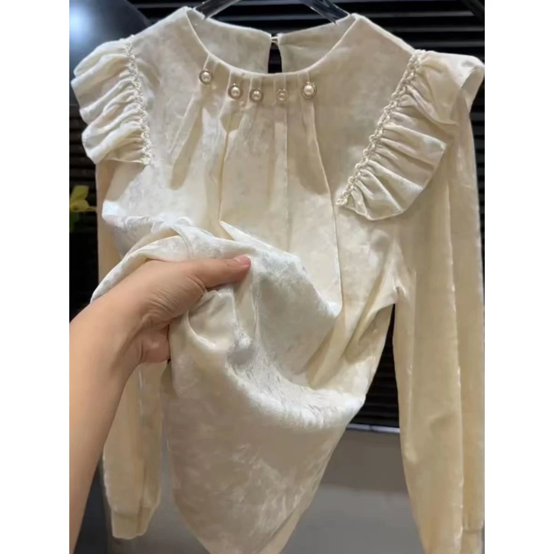 法式小香风重工褶皱长袖衬衫女秋冬季高级感气质小众洋气百搭上衣