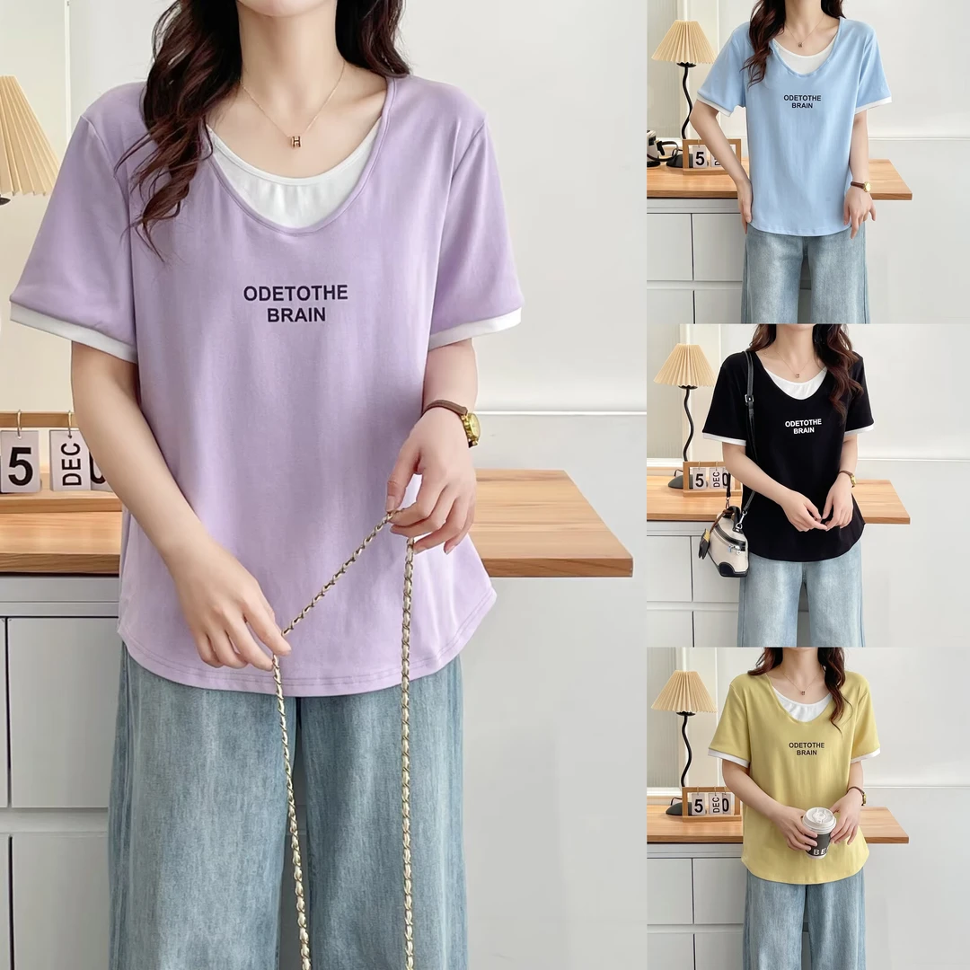 JIANAOBEN/简澳本夏季新款大码洋气显瘦宽松假两件印花短袖T恤女