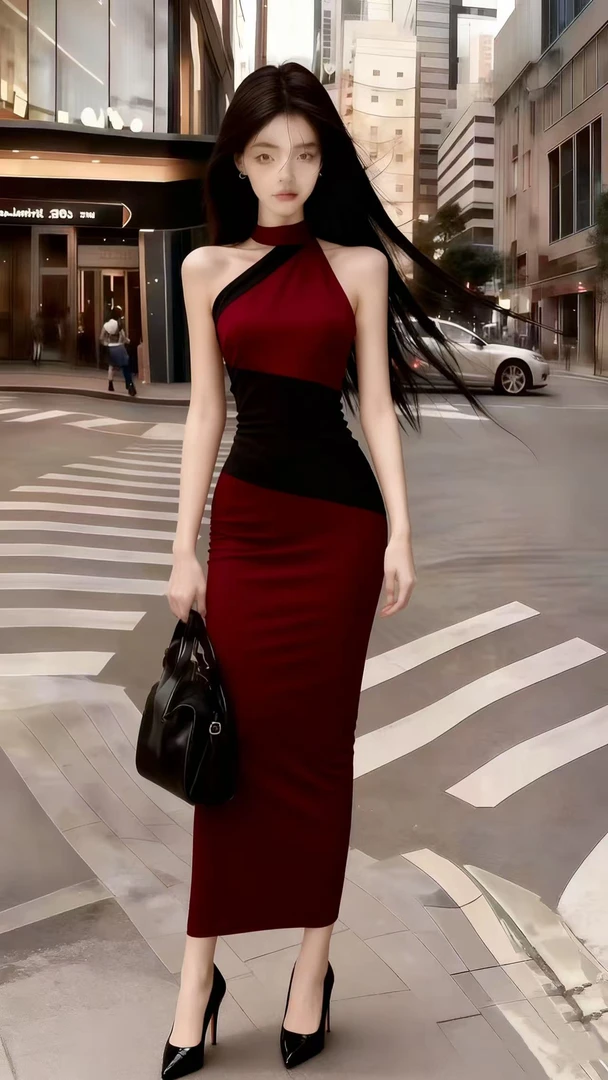 轻奢温婉气质优雅长裙酒红撞色无袖露肩挂脖修身高腰包臀连衣裙女