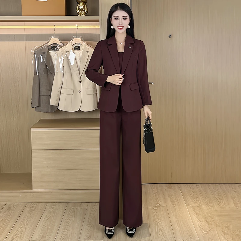 高级感职业休闲套装女2025秋冬新款洋气西装外套吊带阔腿裤三件套