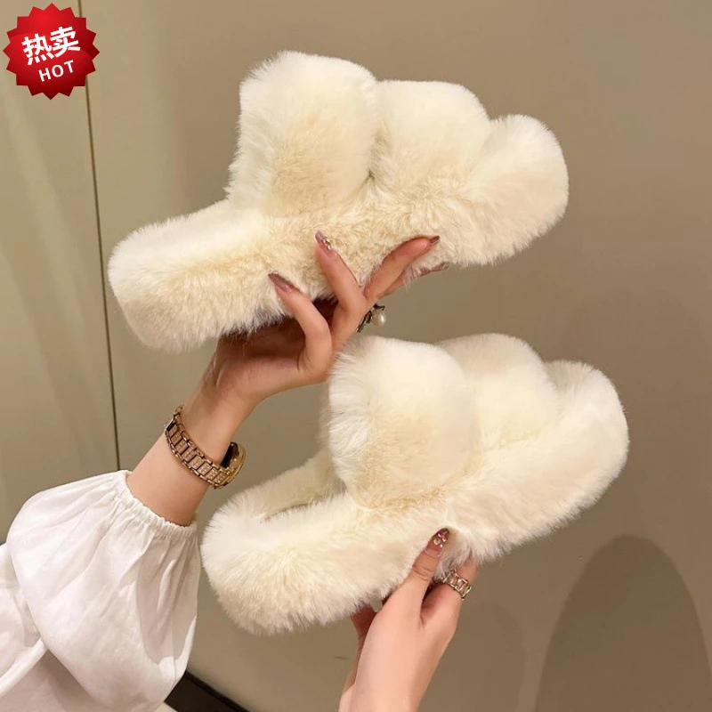 镂空秋冬新款韩版厚底毛毛拖鞋女时尚外穿毛绒网红室内外懒人一字