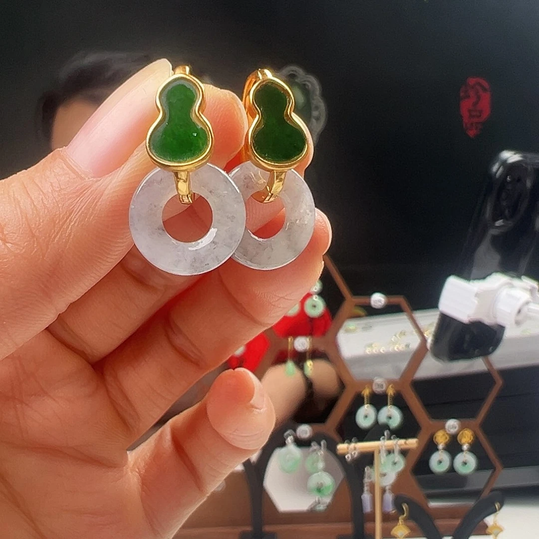 银S925镶嵌翡翠耳饰红**姐