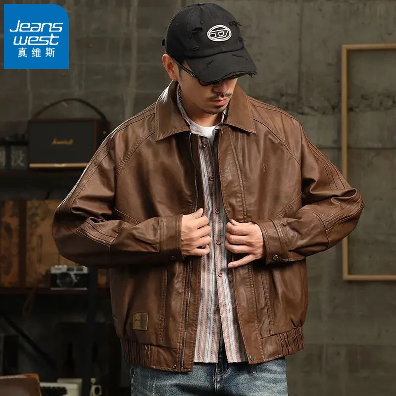 美式复古男士飞行皮衣夹克男高街宽松休闲翻领机车皮外套