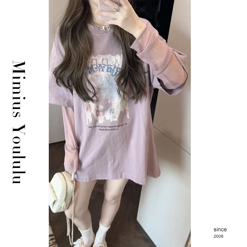 【mimius】喵喵 领口做旧工艺假两件拼接印花短袖 G03283