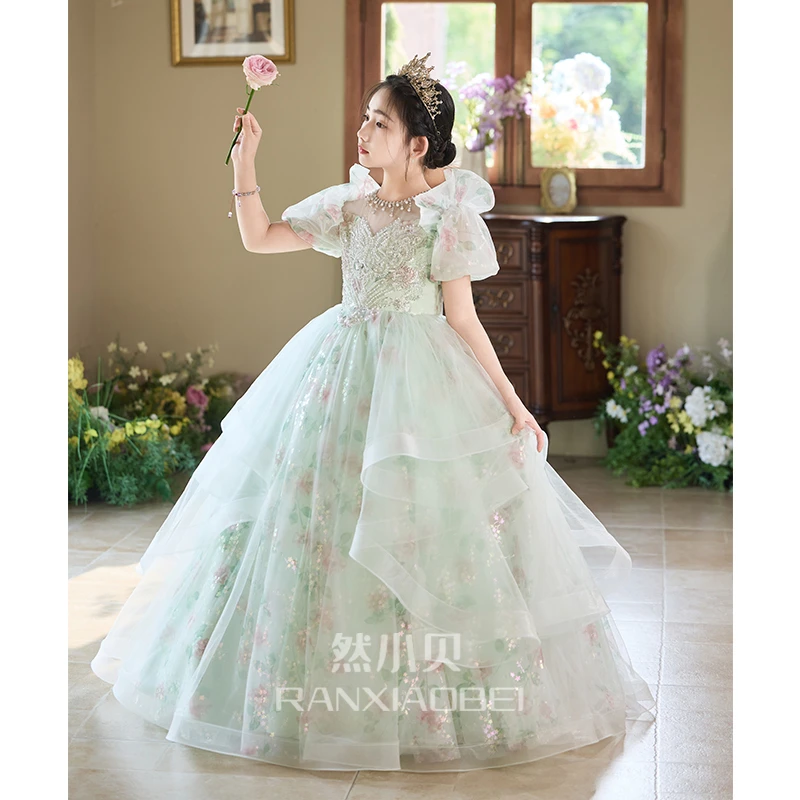 绿色女童主持人礼服高端轻奢洋气6-12岁走秀钢琴演奏生日公主裙