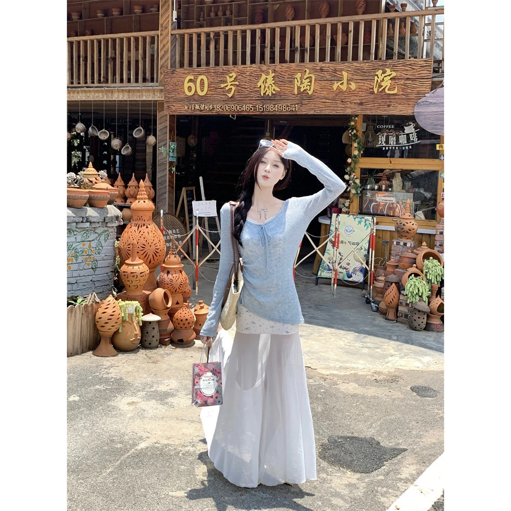 2025春夏新款气质针织罩衫甜美蕾丝碎花收腰仙气吊带连衣裙套装