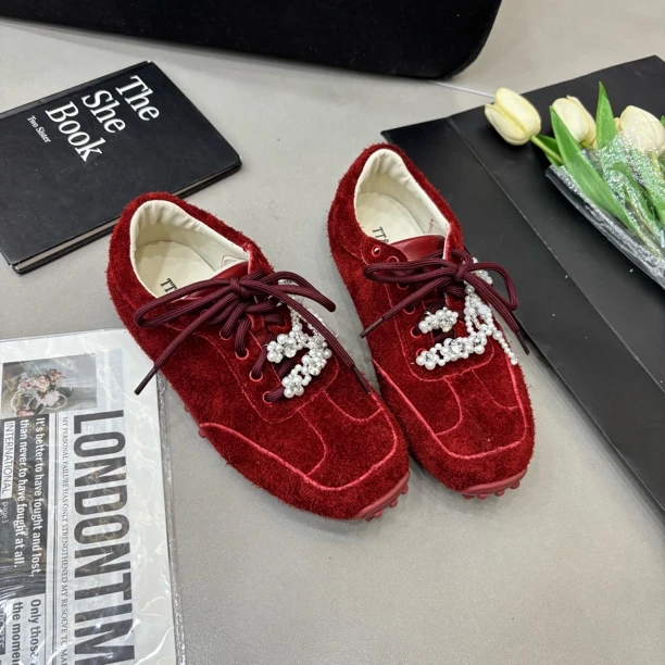 小雨家【欧韩】珍珠系带芭蕾风德训鞋运动休闲鞋百搭平底红色女鞋