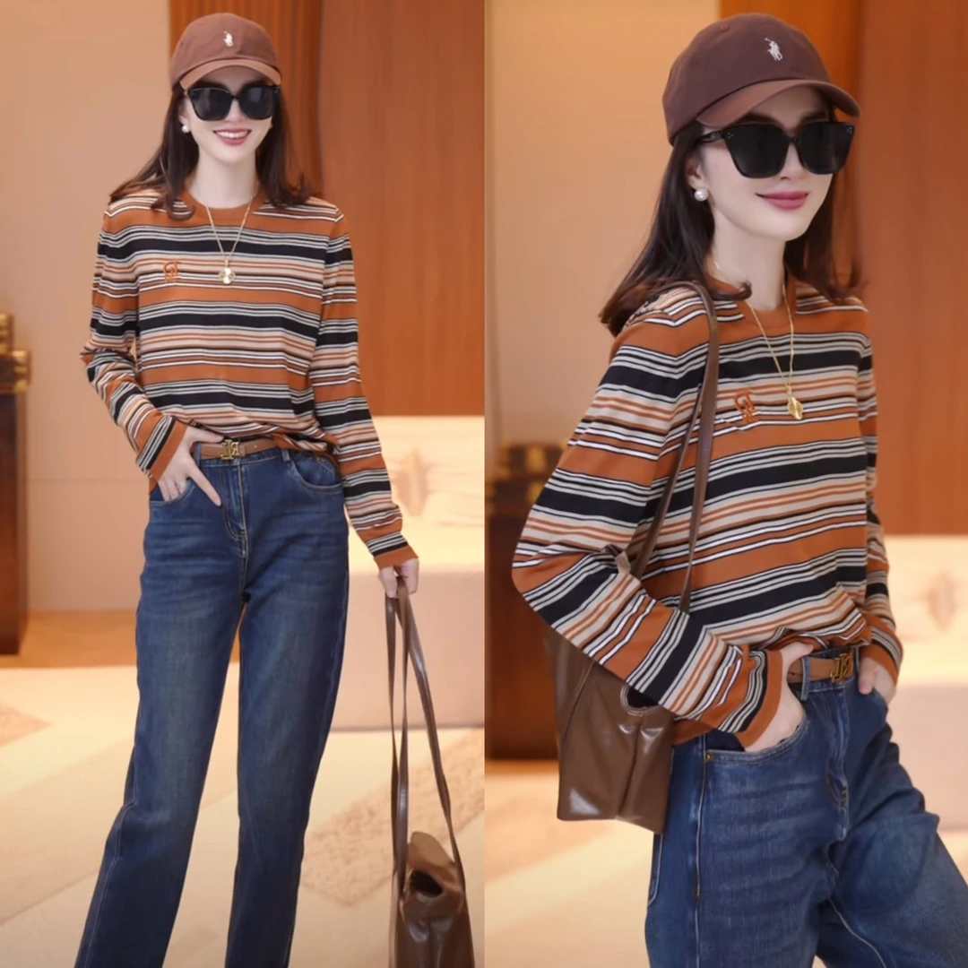 JDND轩羽【午后咖啡】拼色显瘦高级减龄圆领 绵羊毛针织衫XY253425