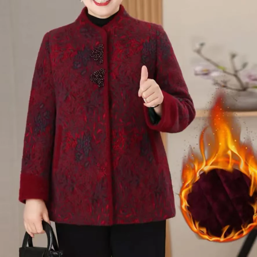 中老年人加绒保暖毛呢外套奶奶妈妈秋冬装宽松上衣