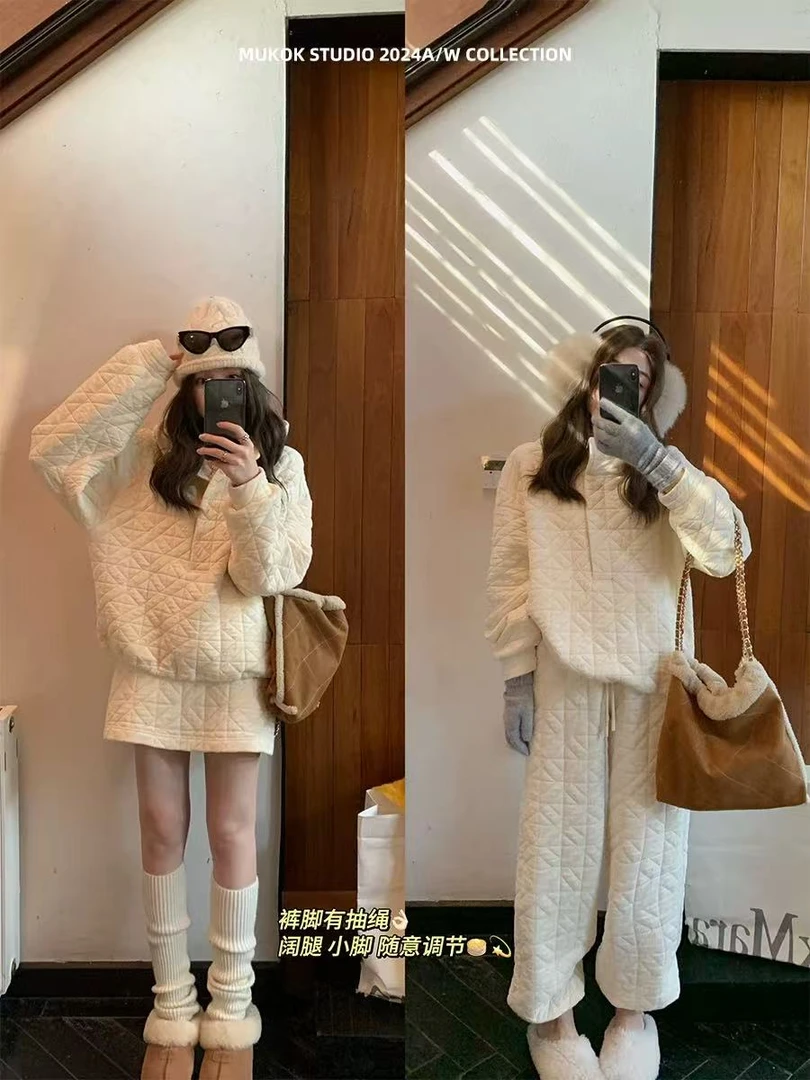 2025韩版减龄轻奢加棉网红温柔可爱休闲上衣长短裙长裤套装