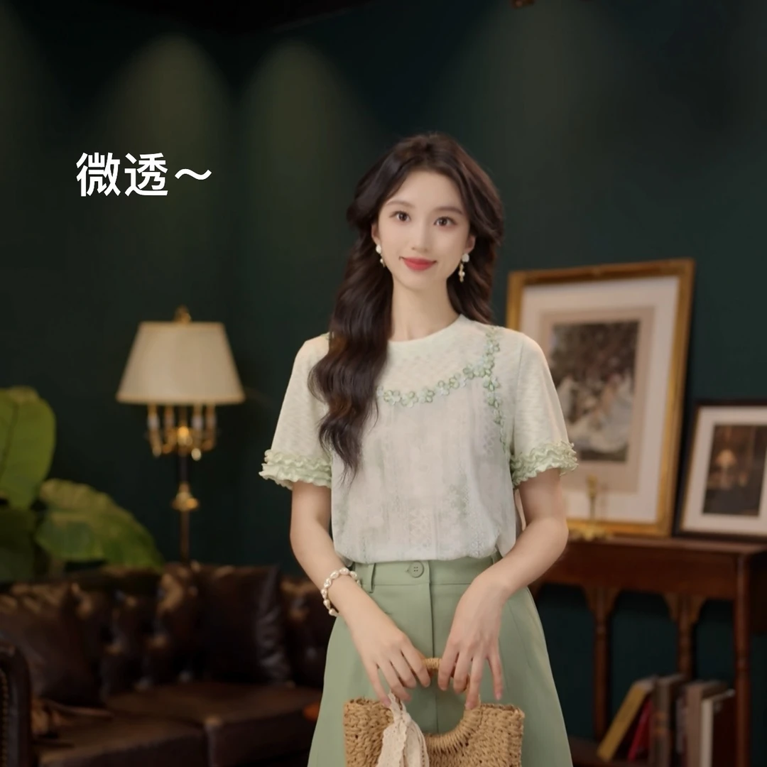 琦琦【松诗】圆领休闲百搭小众短袖女夏季上衣YJ1688307