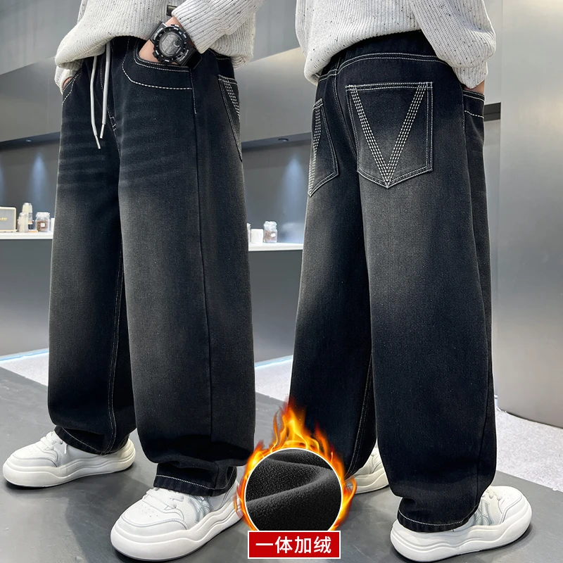 男童秋冬款加绒加厚牛仔裤新款中大童韩版直筒休闲裤儿童保暖裤子