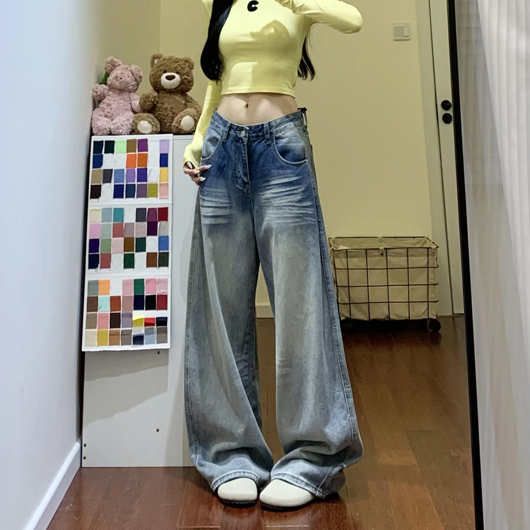 微胖mm水洗立体猫须设计感牛仔裤女秋季新款宽松低腰显瘦阔腿裤子