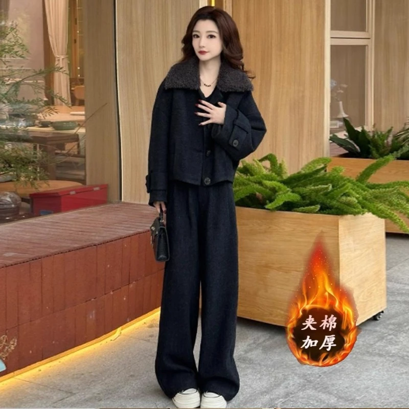 拉夏贝尔毛领加厚夹棉套装女2025年冬季新款外套阔腿裤保暖两件套