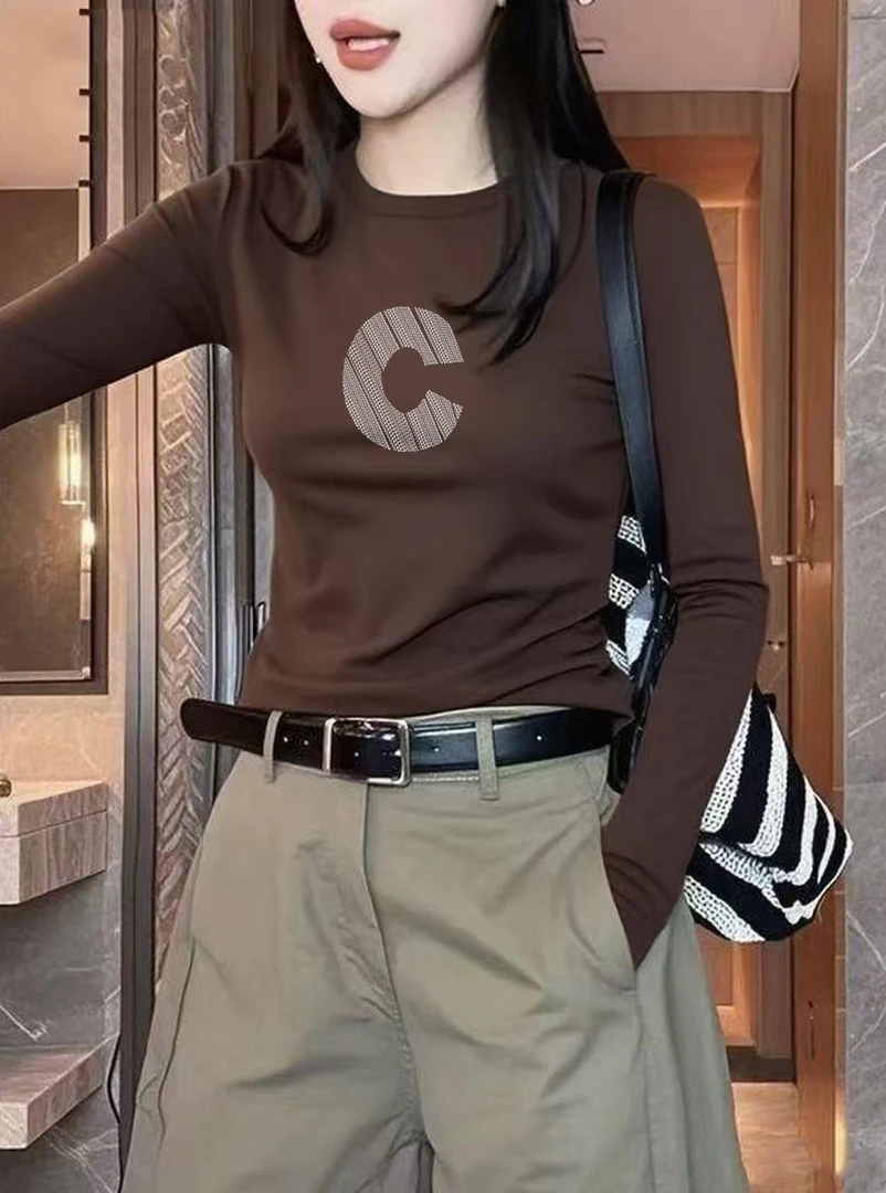 长袖正肩巧克力色T恤女春秋螺纹棉长袖打底外穿显白亲肤短款上衣