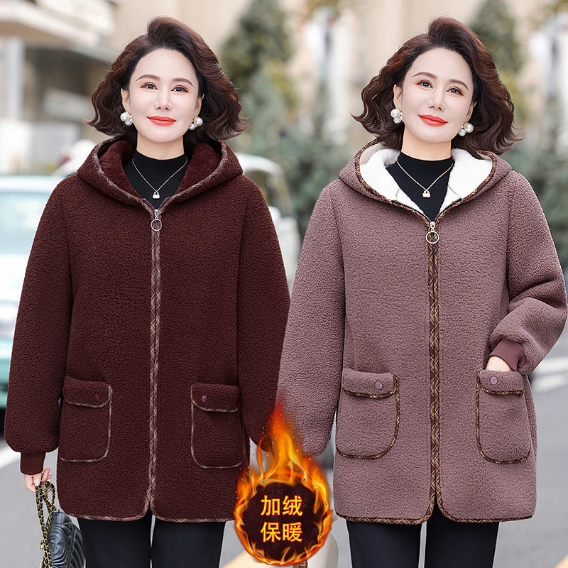 妈妈冬装加绒加厚中长款外套新款中老年女装秋冬大码棉服宽松连帽