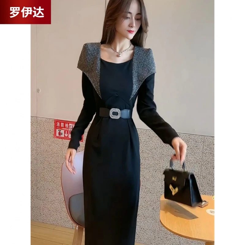 I名媛风气质洋气重工撞色拼接2024新款连衣裙女中长款显瘦开衩裙1