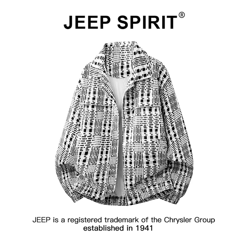 JEEPSPIRIT吉普港风潮流千鸟格夹克男春秋季翻领拼色格纹休闲外套