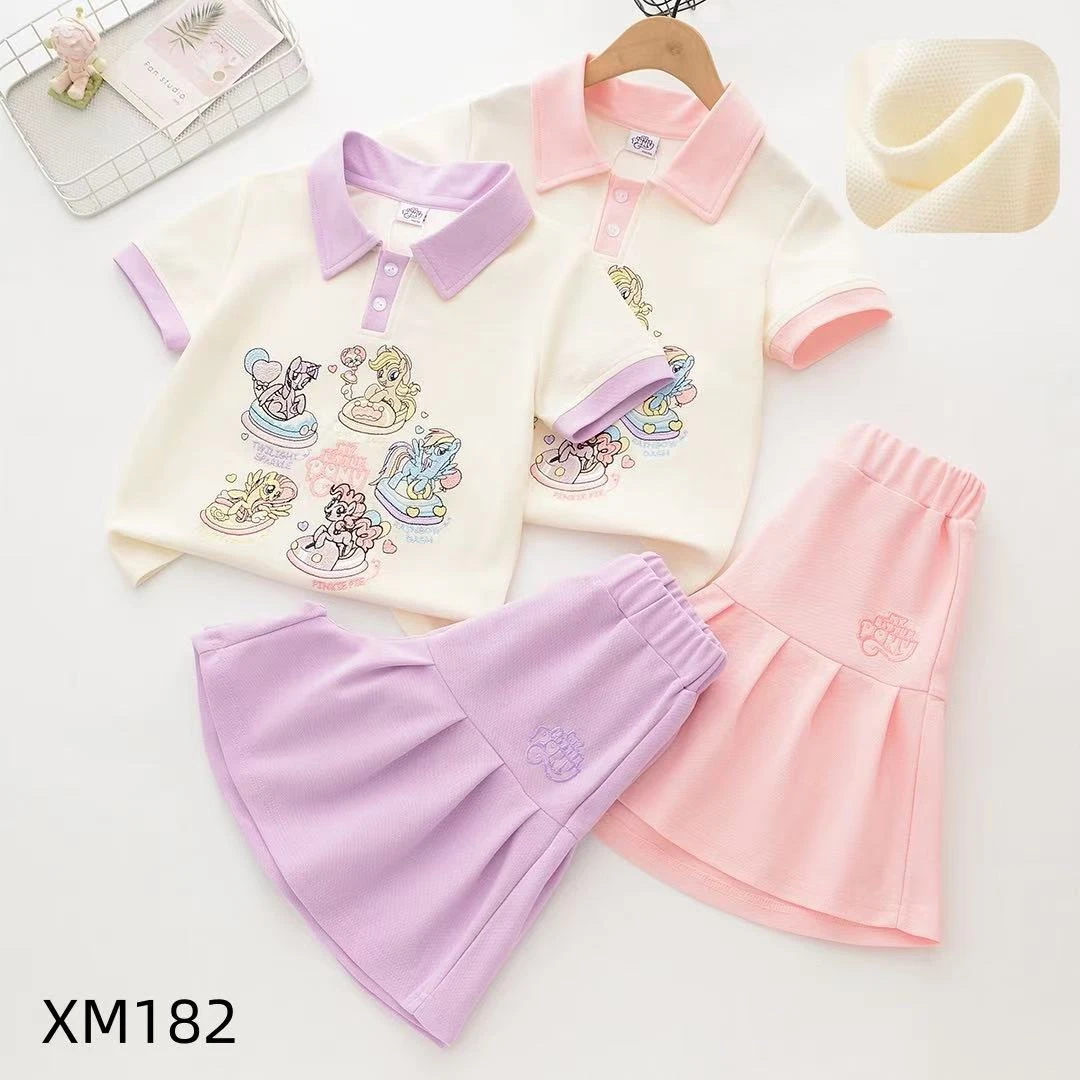 女童洋气夏季撞色翻领小马刺绣短袖短裙套装182