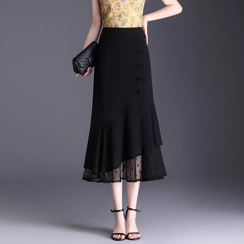 蕾丝边雪纺鱼尾裙女2025夏季薄款高腰显瘦包臀中长裙新中式半身裙