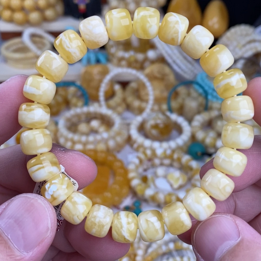 蜜蜡未镶嵌手链瓷白细纹虎皮10mm