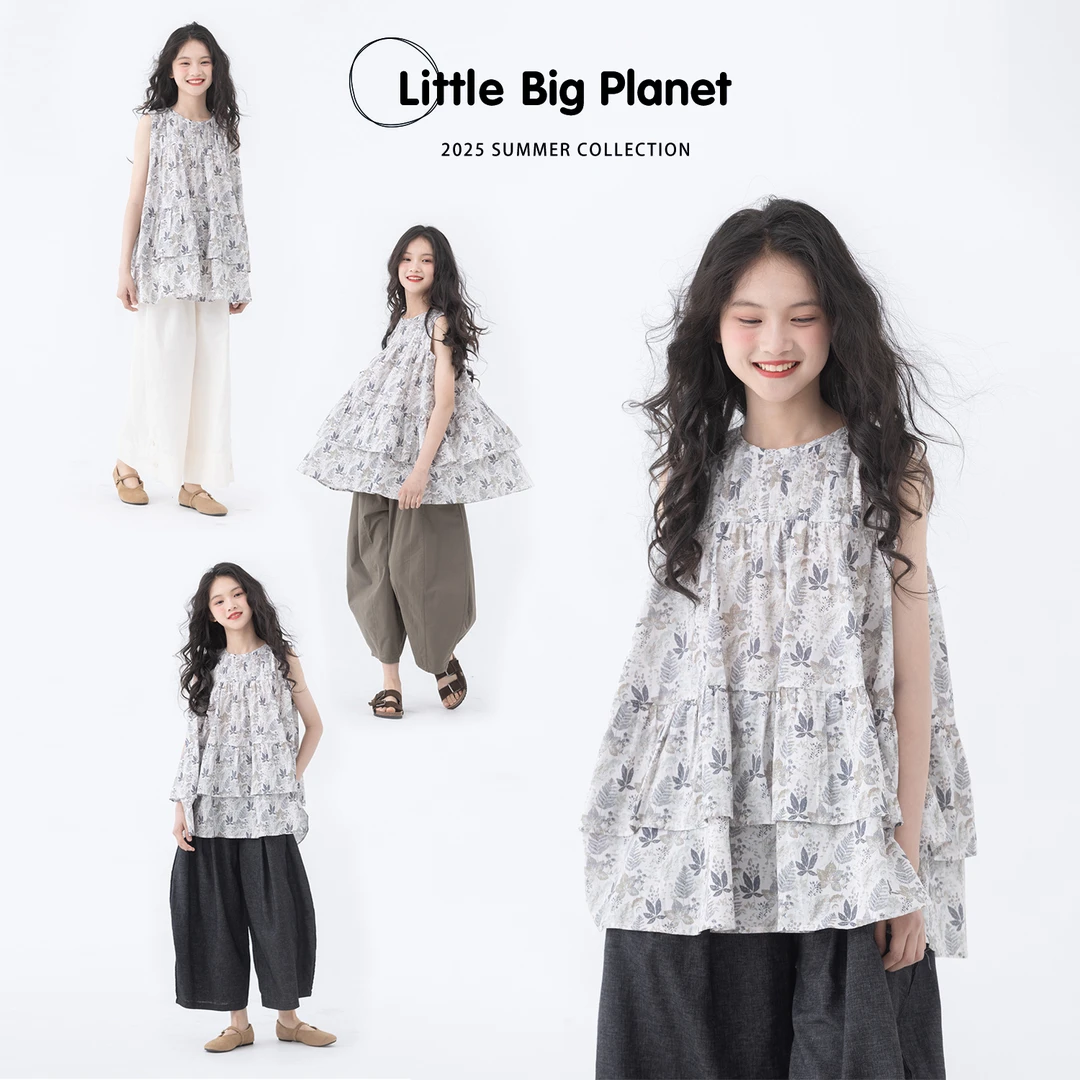 小小大星球童装 香榭之梦小清新花边娃娃衫 夏季女童碎花无袖上衣