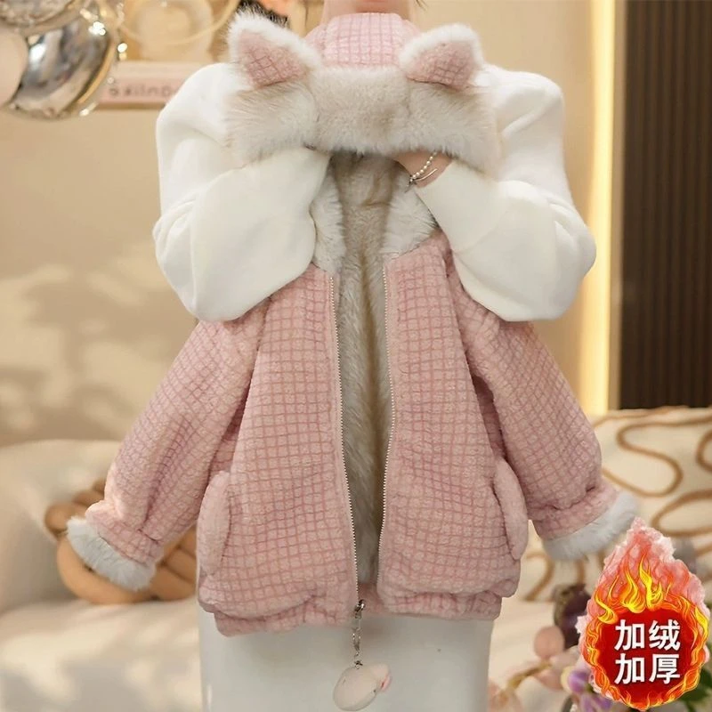 女童加绒外套秋冬装2025新款儿童格子棉衣韩版中大童连帽棉服洋气